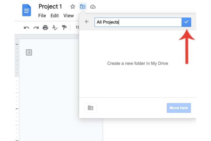 Die Schaltfläche „Neuen Ordner erstellen“ neben der Titelschaltfläche des Ordners in Google Docs.