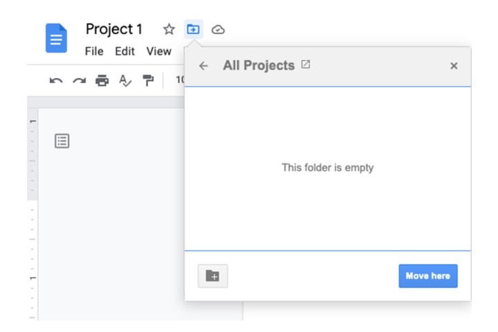 Die Schaltfläche „Hierher verschieben“ in Google Docs beim Verschieben eines Dokuments in einen Ordner.