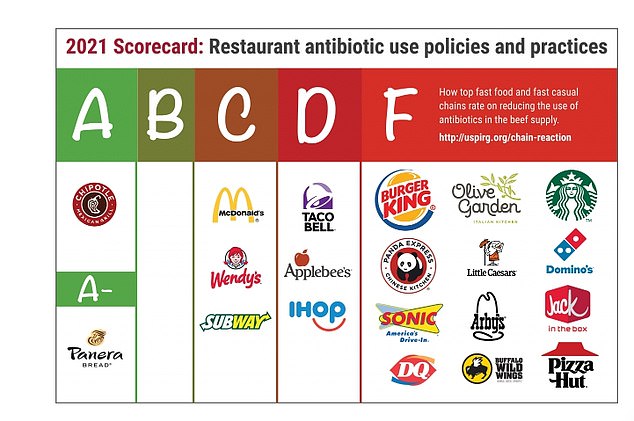 Eine Umfrage von Consumer Reports ergab, dass eine lange Liste von Fast-Food-Ketten mit Antibiotika behandeltes Fleisch, vor allem Rindfleisch, verwendet.  Der Einsatz von Antibiotika bei Nutztieren kann zur Entwicklung antibiotikaresistenter Bakterien beitragen