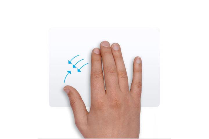 Eine Hand, die in macOS eine Trackpad-Geste ausführt, wobei sich Daumen und drei Finger gleichzeitig bewegen.
