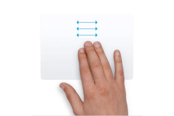 Eine Hand, die in macOS eine Trackpad-Geste ausführt, wobei sich drei Finger horizontal bewegen.