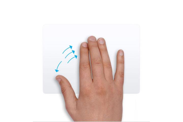 Eine Hand, die in macOS eine Trackpad-Geste ausführt, wobei sich Daumen und drei Finger auseinander bewegen.