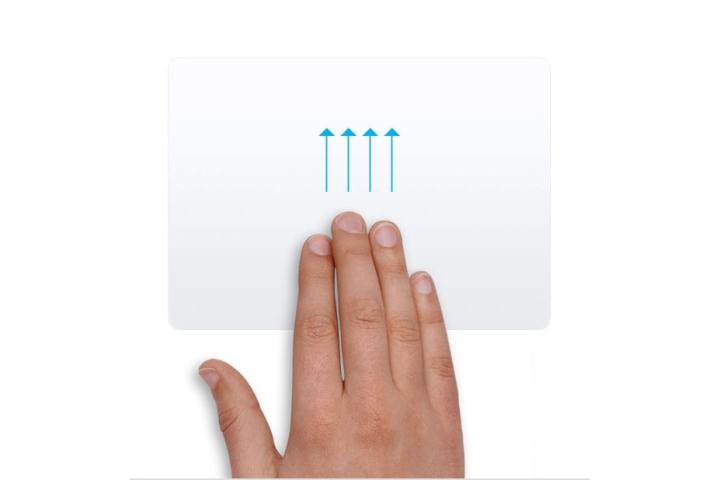 Eine Hand, die in macOS eine Trackpad-Geste ausführt, wobei sich vier Finger vertikal nach oben bewegen.