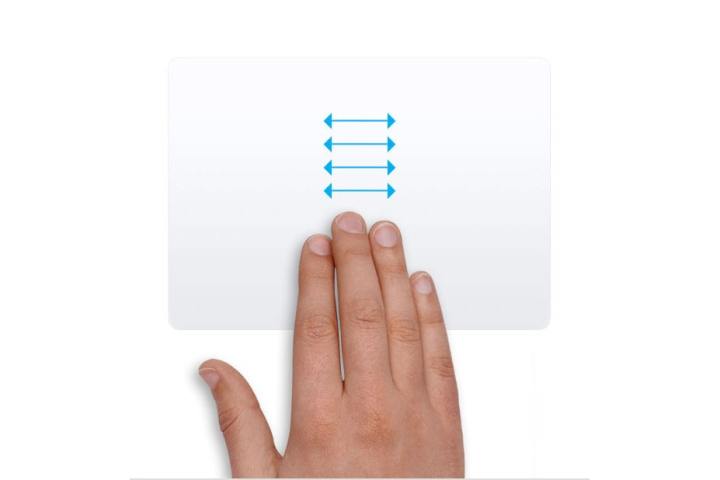 Eine Hand, die in macOS eine Trackpad-Geste ausführt, wobei sich vier Finger horizontal bewegen.