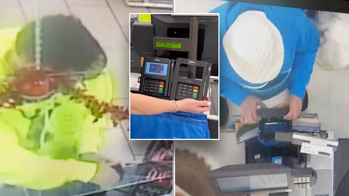 Skimmer-Installation geteilt, Polizist hält gefälschte und echte Kreditkartenleser nebeneinander