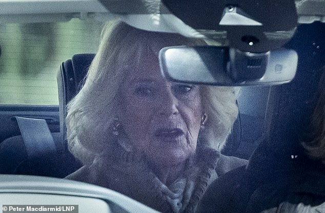 Queen Camilla is driven from Clarence House in London today as she heads to Shrewsbury
