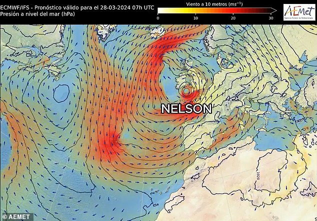 STORM NELSON: A map by Spanish weather service Aemet showing the low pressure system