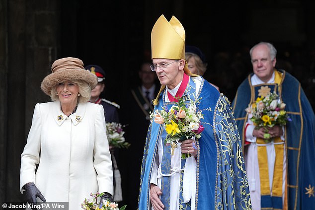 Queen Camilla departs the Royal Maundy service at Worcester Cathedral this afternoon