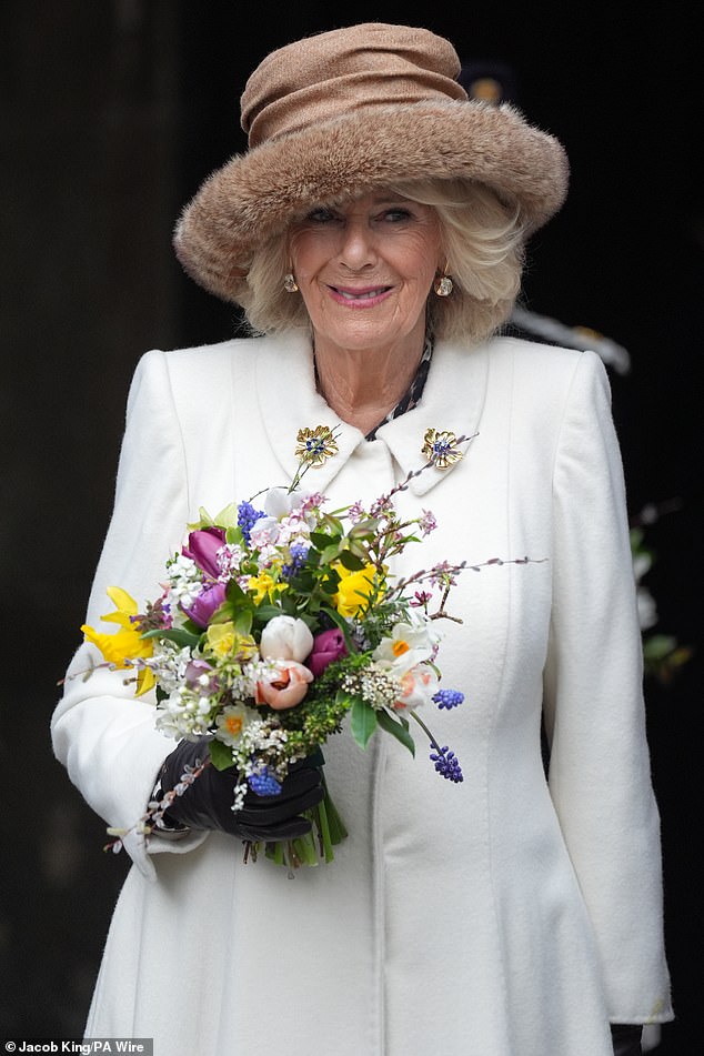Queen Camilla leaves the Royal Maundy service at Worcester Cathedral this afternoon