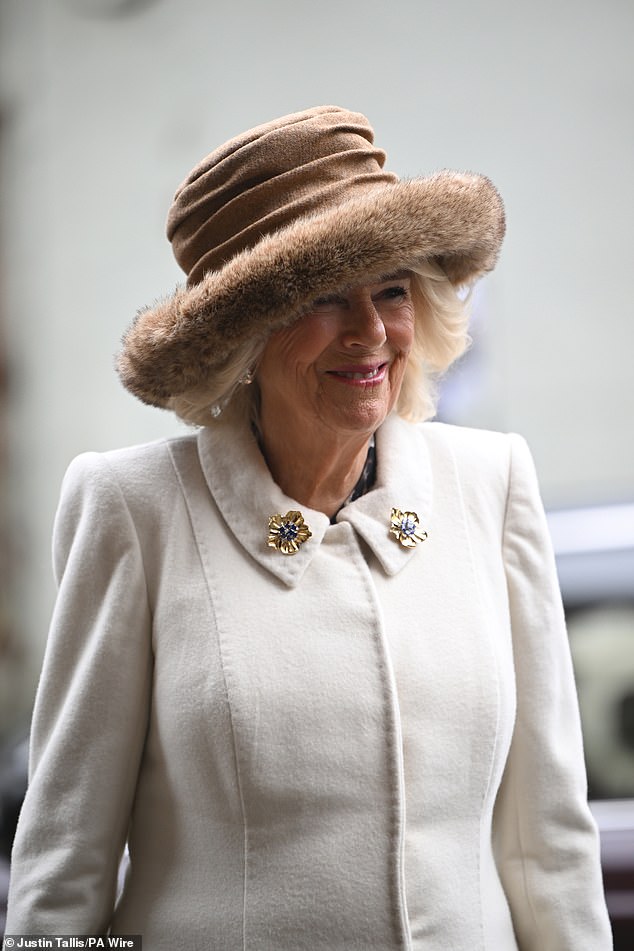 Queen Camilla leaves the Royal Maundy service at Worcester Cathedral this afternoon