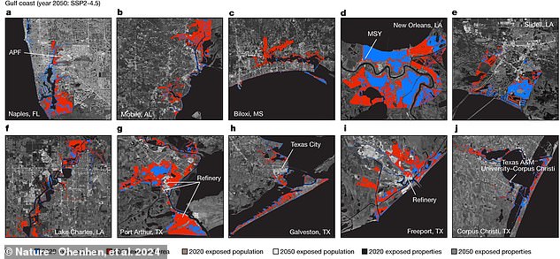 Along the Gulf coast, cities like New Orleans in Louisiana, Galveston in Texas and nine more metropoles face potentially devastating risks as well. The study estimated 319 square-miles of crowded Gulf cityscapes (marked in red above for the 2050 estimates) may be at risk