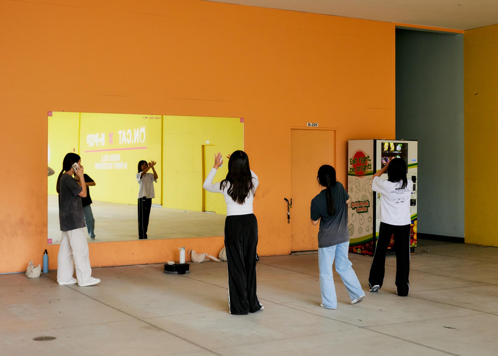 Eine Gruppe junger Leute steht in einem Einkaufszentrum vor einem Spiegel und übt ihre Tanzbewegungen.