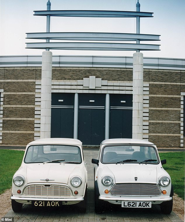 The oldest remaining  Mini, the Austin Mini 1959 (left) pictured with a Mini 35 SE outside the Longbridge factory in 1994