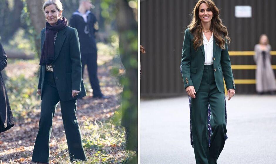 Kate und Sophie gehen in grünen Anzügen spazieren
