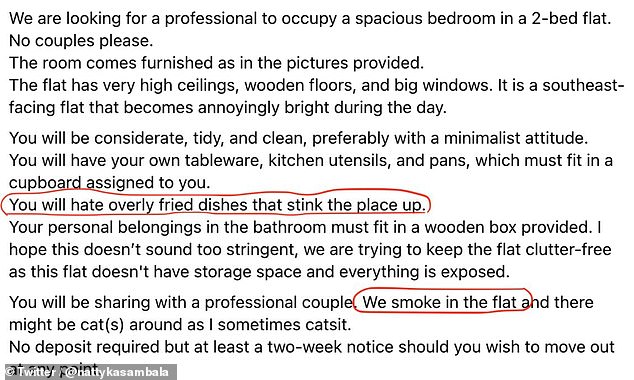 In der Auflistung (im Bild), die von dem Paar, das derzeit dort lebt, verfasst wurde, wurde erklärt, dass sie nach einer Person suchen, die „übermäßig frittierte Gerichte hasst“ und deren Toilettenartikel in eine „einzelne Holzkiste“ passen, um das Gästezimmer zu belegen