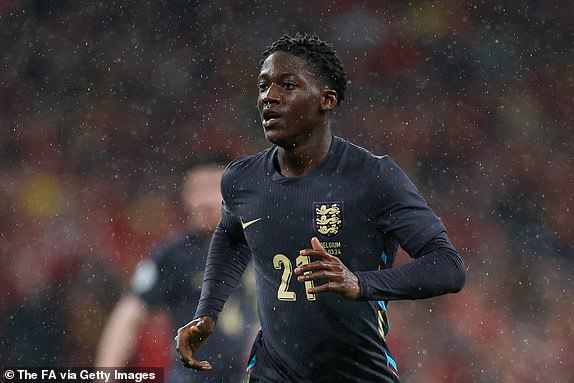 LONDON, ENGLAND - MARCH 26: Kobbie Mainoo of England looks on during the international friendly match between England and Belgium at Wembley Stadium on March 26, 2024 in London, England. (Photo by Eddie Keogh - The FA/The FA via Getty Images)