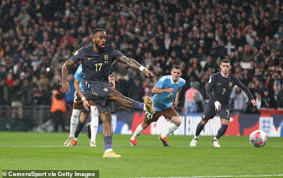 LONDON, ENGLAND - MARCH 26: England's Ivan Toney scores his side's first goal from the penalty spot during the international friendly match between England and Belgium at Wembley Stadium on March 26, 2024 in London, England.(Photo by Rob Newell - CameraSport via Getty Images)