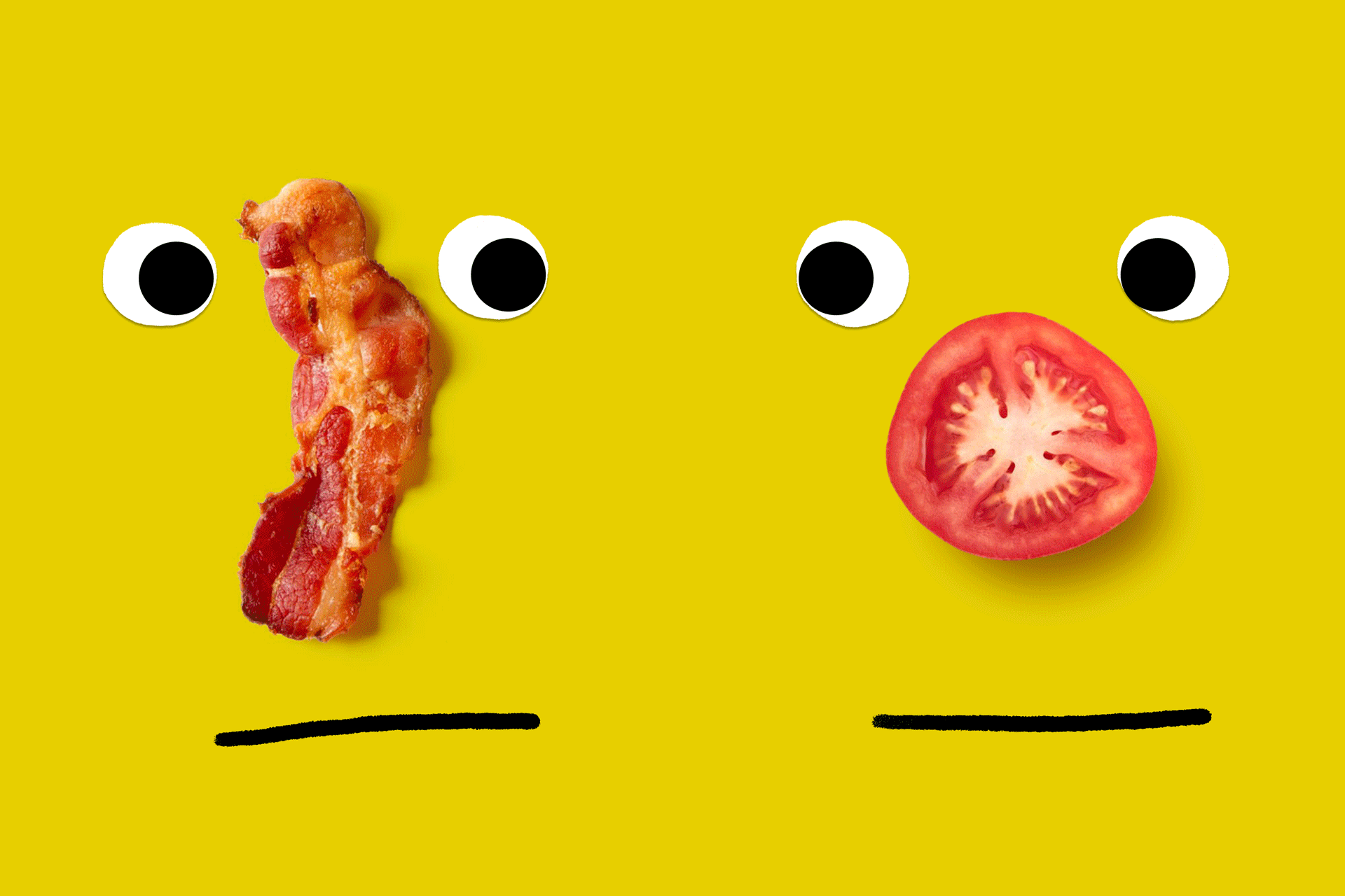 Fotoillustration von zwei komischen Gesichtern mit animierten Nasen, die aus Fleisch und vegetarischen Lebensmitteln geformt sind