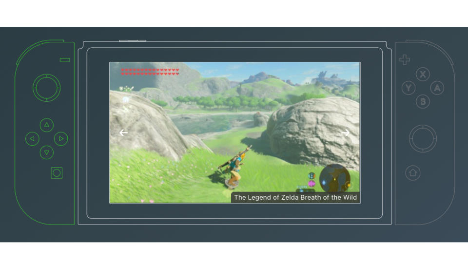 Screenshot von der Yuzu-Emulator-Website, der ein Standbild aus Zelda: Breath of the Wild mit einer Blaupausenskizze des Nintendo Switch als Rahmen zeigt.  Dunkelgrauer Hintergrund.