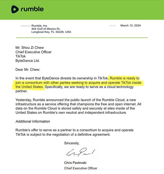Am Dienstag tauchte auf der X-Seite des Unternehmens ein Brief von Rumble-CEO Chris Pavloski auf, in dem er erklärte, seine Online-Videoplattform sei bereit, „TikTok in den USA zu erwerben und zu betreiben“.