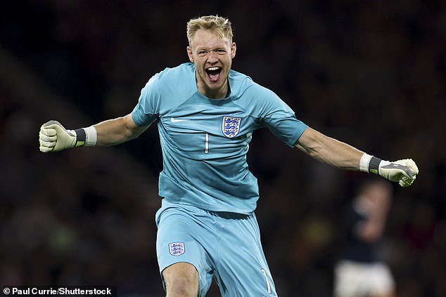 Aaron Ramsdale celebrates during England's 3-1 win over Scotland back in September