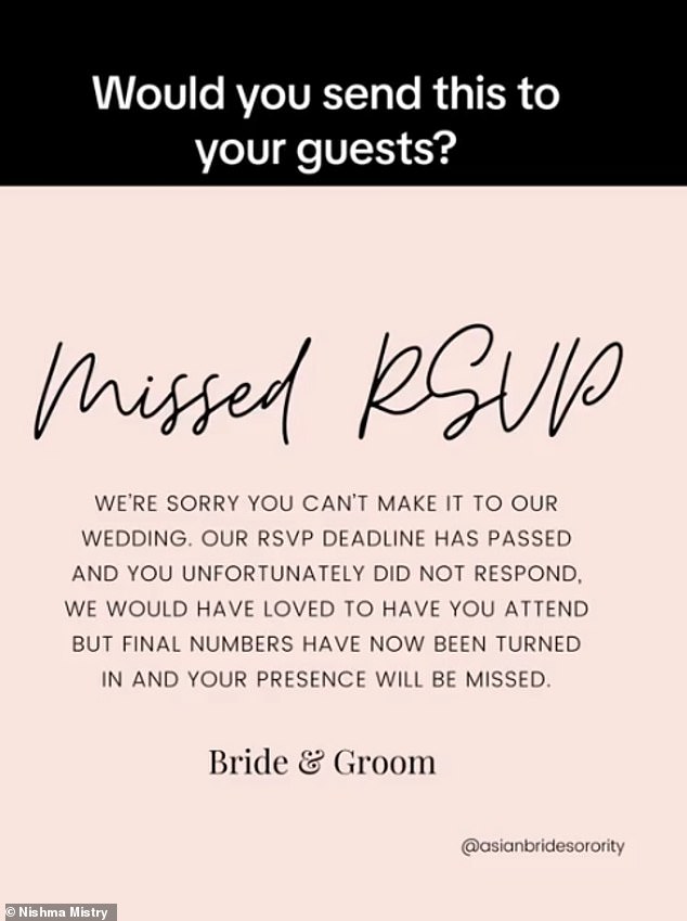 Nishma Mistry, 39, aus Großbritannien, die Asian Bride Sorority leitet, eine Selbsthilfegruppe, die Bräuten die Planung einer asiatischen Hochzeit erleichtern soll, nutzte am Sonntag TikTok, um eine „verpasste RSVP-Karte“ zu teilen