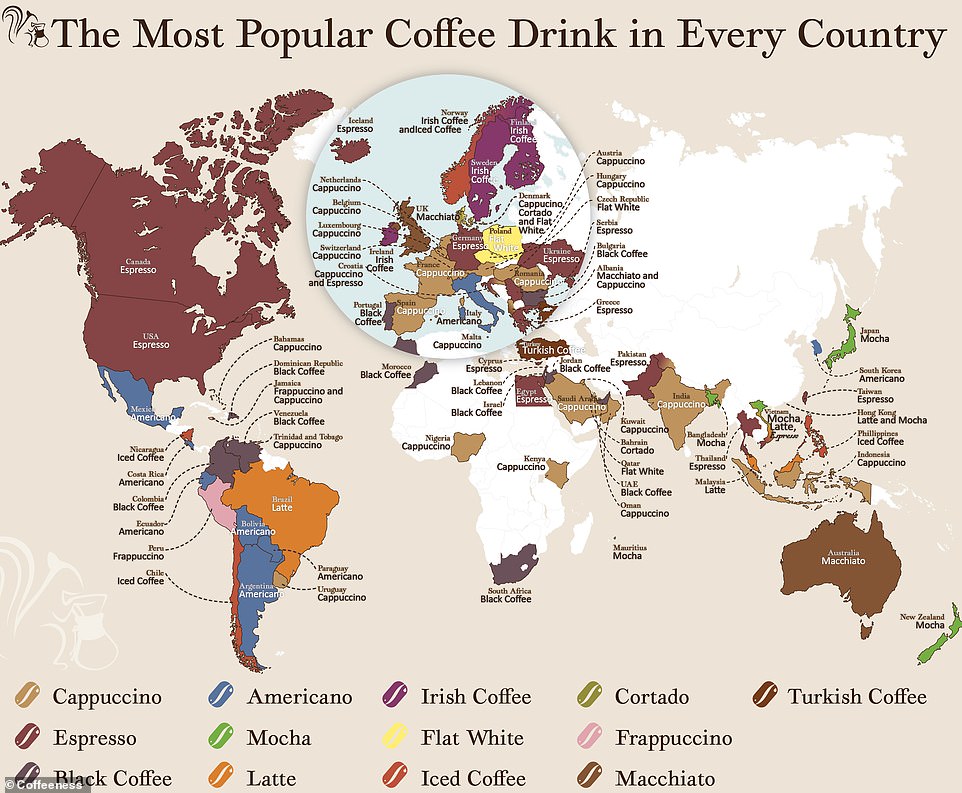 Diese faszinierende Weltkarte zeigt, wie jedes Land am liebsten Kaffee konsumiert – und der Cappuccino ist insgesamt die Nr. 1