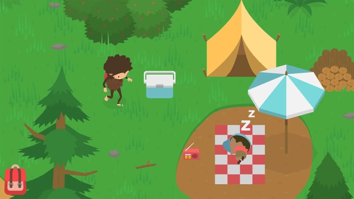 A sasquatch sneaks around a tent in Sneaky Sasquatch.