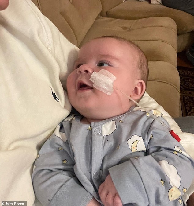 Ted Chadwick (pictured), now eight months old, had trouble sleeping and feeding shortly after he was born. Then, at just six weeks old, his parents learnt these were symptoms of condition called spinal muscular atrophy type one (SMA1)