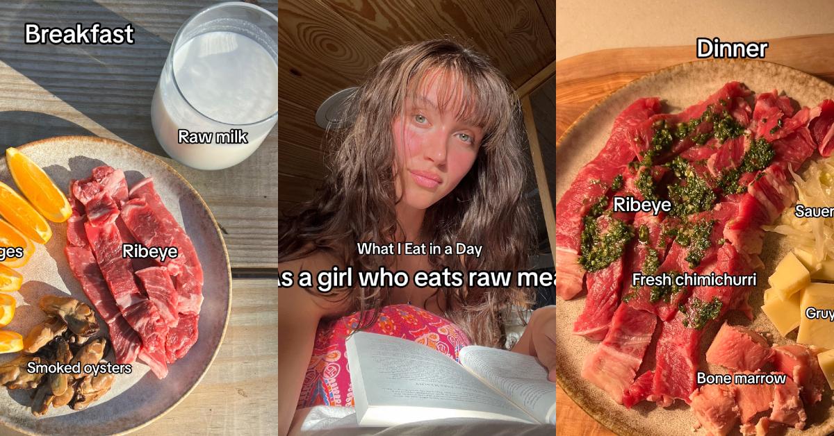 Frau isst rohes Fleisch