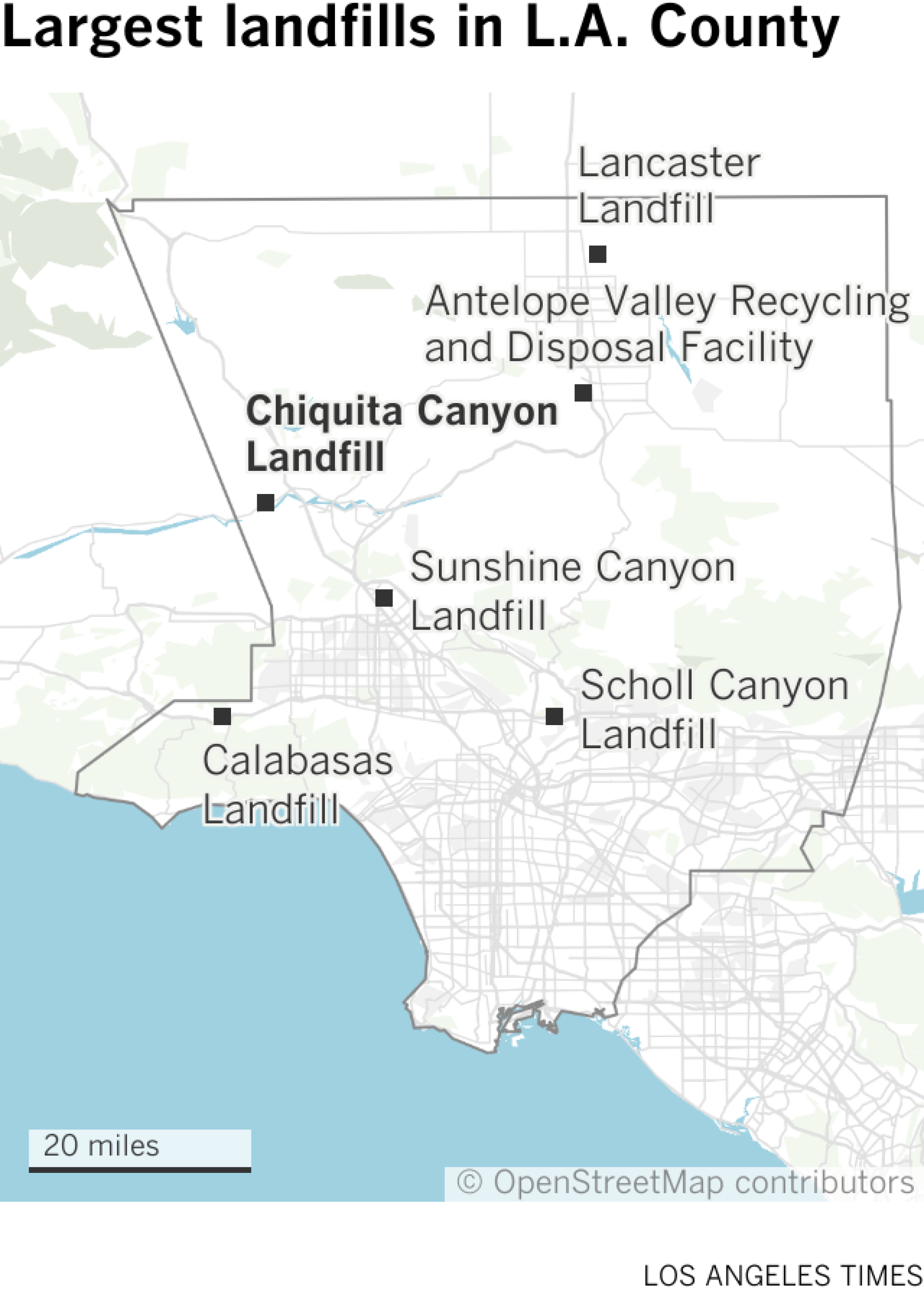 Eine Karte zeigt die Standorte der sechs größten Deponien im LA County.  Dies sind: Chiquita Canyon und Sunshine Canyon in der Nähe von Santa Clarita;  School Canyon in der Nähe von Pasadena;  die Calabasas-Deponie;  die Lancaster-Deponie;  und die Antelope Valley Recycling- und Entsorgungsanlage.