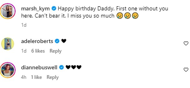 Kym schrieb auf Instagram: „Alles Gute zum Geburtstag, Papa.“  Der erste hier ohne dich.  Kann es nicht ertragen.  „Ich vermisse dich so sehr“ mit ihren prominenten Freunden, die Unterstützungsbotschaften überbrachten