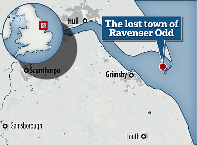 Karte mit der Lage der ehemaligen Inselstadt Ravenser Odd.  Es lag westlich von Spurn Point, der äußersten Spitze der kurvigen Halbinsel, die die Nordsee und die Humber-Mündung trennt