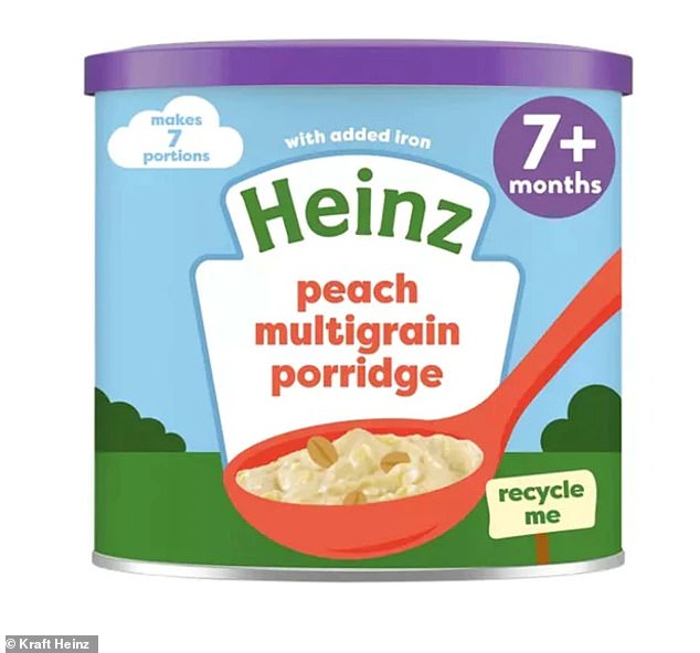 Von 1.297 international bewerteten Produkten, darunter 218, die in britischen Supermärkten verkauft wurden, wurde keines als geeignet für die Werbung für den Verzehr bei Kindern angesehen.  Im Bild eines der Produkte, die nicht den Ernährungs- und Marketingstandards der WHO entsprachen: Heinz Peach Multigrain Porridge For Babies From 7 Months Onwards von Kraft Heinz