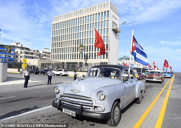 Above, an August 5, 2021 motorcade passes the US embassy in Havana as part of a protest demanding an end to the six-decade US economic embargo of Cuba