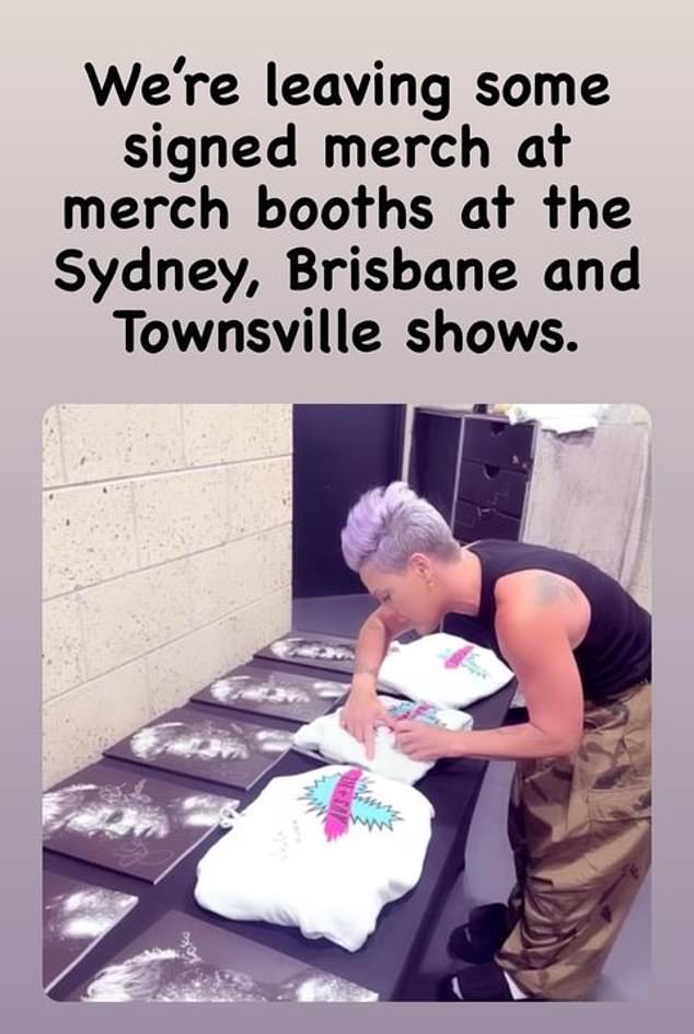 Am Samstag – nur wenige Stunden vor ihrem letzten Auftritt in Sydney – bestätigte sie auf Instagram, dass sie den Fans bei ihren letzten vier Auftritten signierte Merchandise-Artikel hinterlassen wird