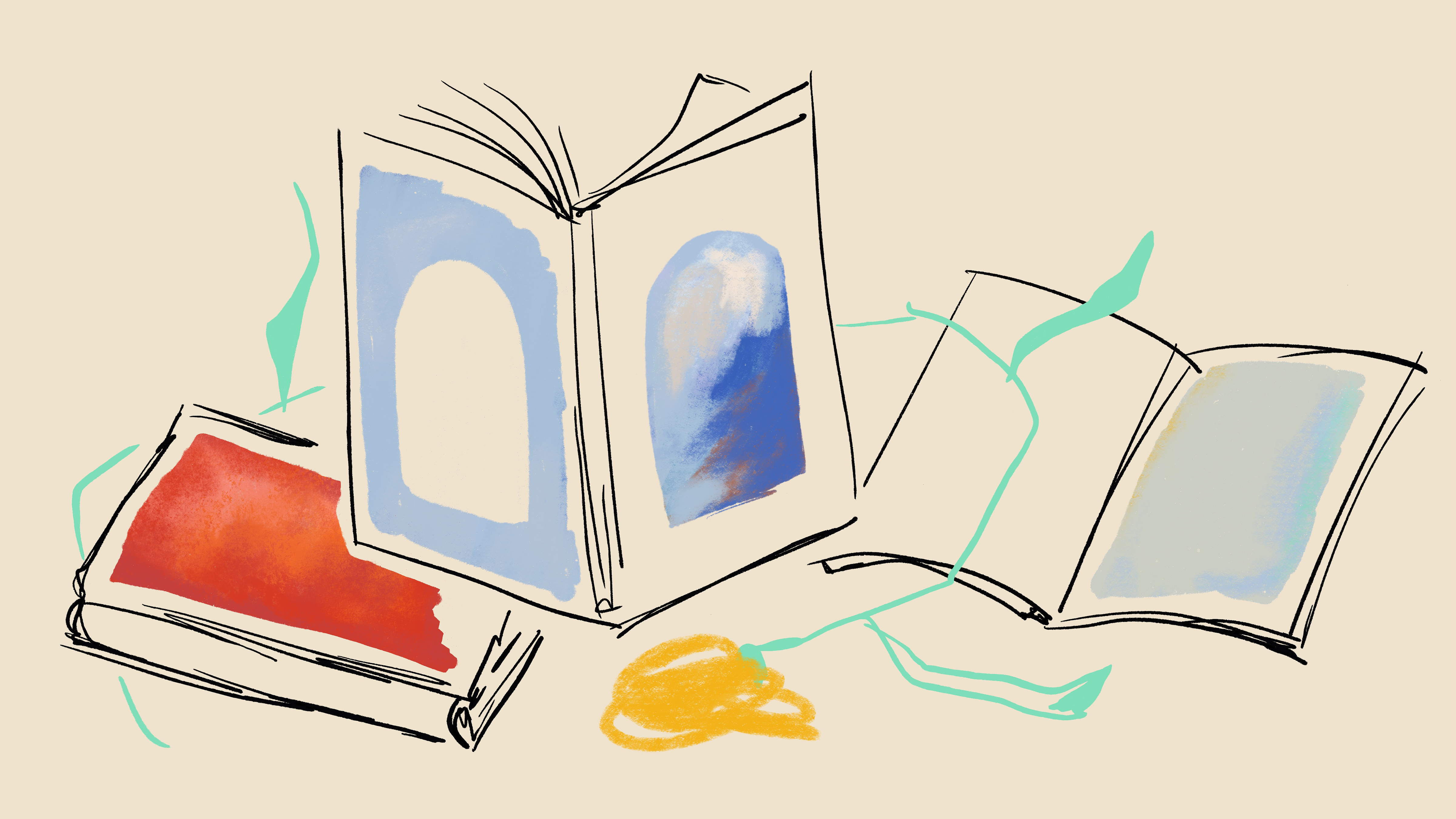 Eine Aquarellillustration von Büchern