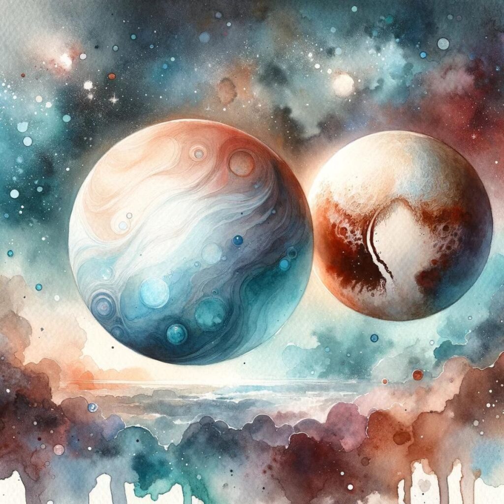 Bild von Planeten, die die Synastrie von Uranus, Sextil und Pluto symbolisieren