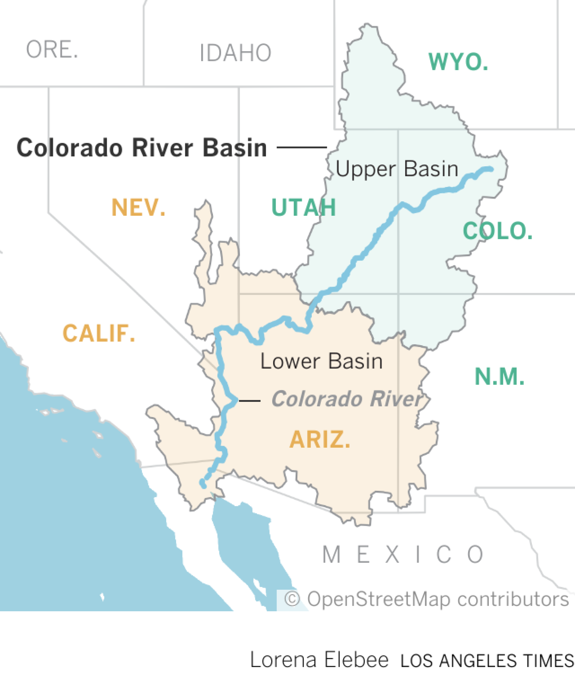 Eine Karte, die den Colorado River von seiner Quelle in den Rocky Mountains bis zum Golf von Kalifornien zeigt.