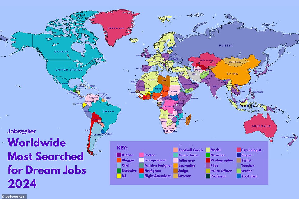 Auf der Karte oben sind die Länder farblich gekennzeichnet, um die am häufigsten gesuchten Berufsbezeichnungen ihrer Einwohner anzuzeigen, wobei der Schlüssel die 35 „Traumjobs“ angibt, die zur Erhebung der Daten verwendet wurden.  Die Informationen wurden von der Karriereseite Jobseeker mit der Suchmaschine Ahrens zusammengestellt.  Pilot ist in 55 Ländern auf allen sechs bewohnten Kontinenten die erste Wahl
