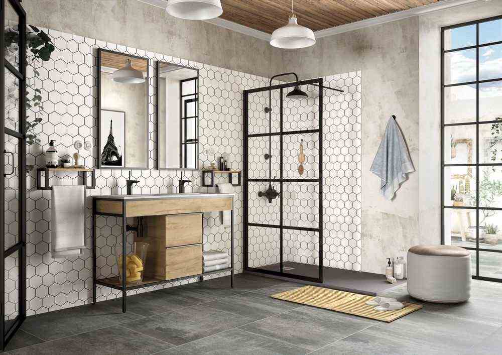 Industrial Hexagonal Tile Bathroom 