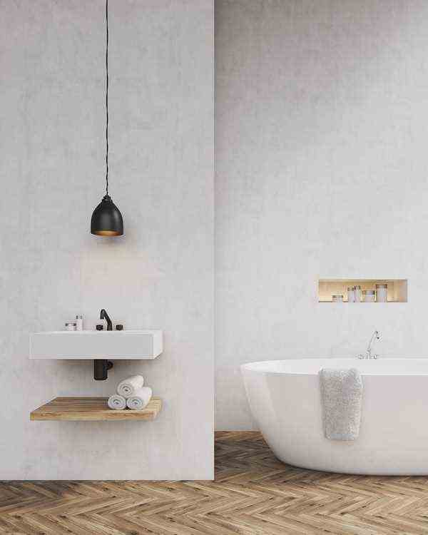 Concrete and light wood bathroom