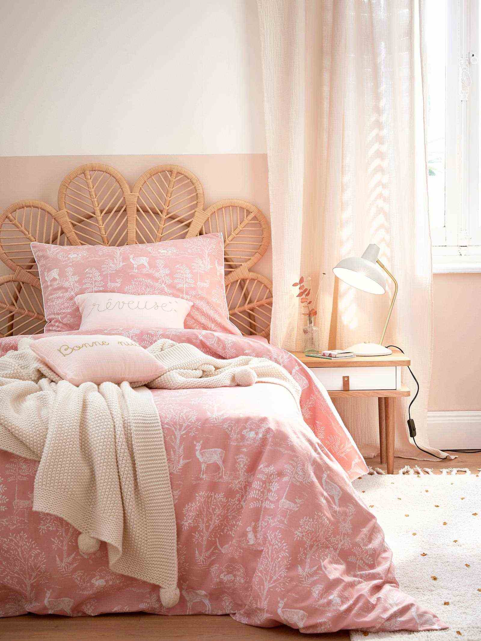 Retro bedroom pale pink rattan headboard 