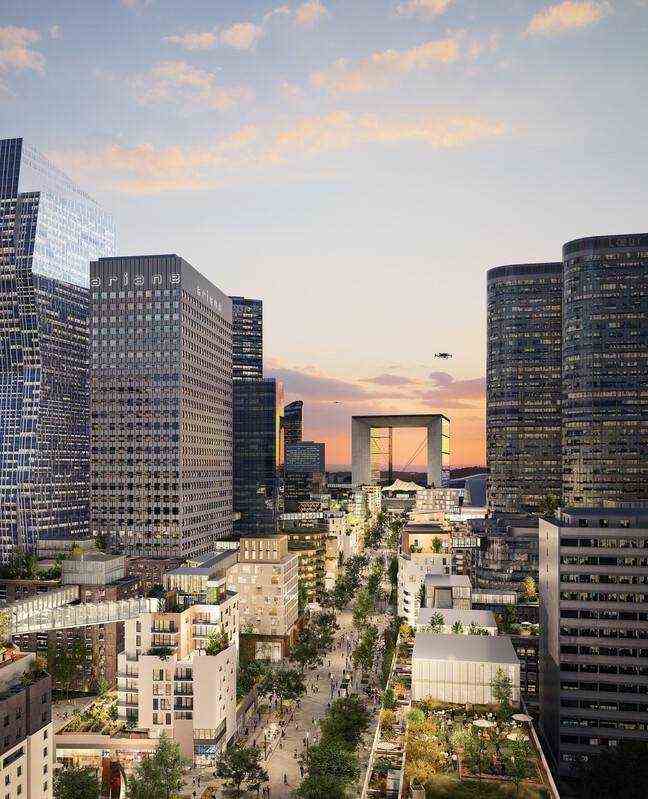 View of the urban avenue of La Défense imagined by Christian de Portzamparc. 
