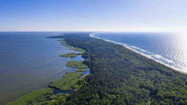 Aerial view of seascape against clear sky during sunny day, Curonian Spit, Russia;  ONLINE ONLY;  IF THE PICTURE ALSO APPEARS IN PRINT!
