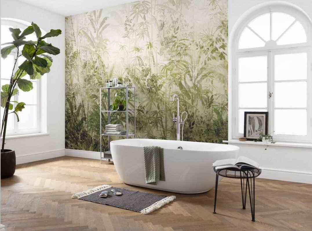 An Exotic Bathroom With Panoramic Wallpaper 