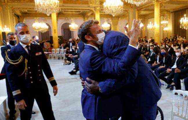 Emmanuel Macron with Teddy Riner at the Elysee Palace on September 13.