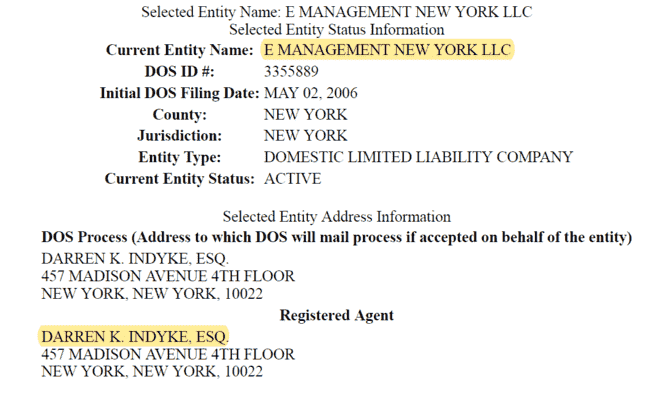 E Management New York LLC was filed by Jeffrey Epstein's attorney, Darren InDyke, on May 2, 2006.
