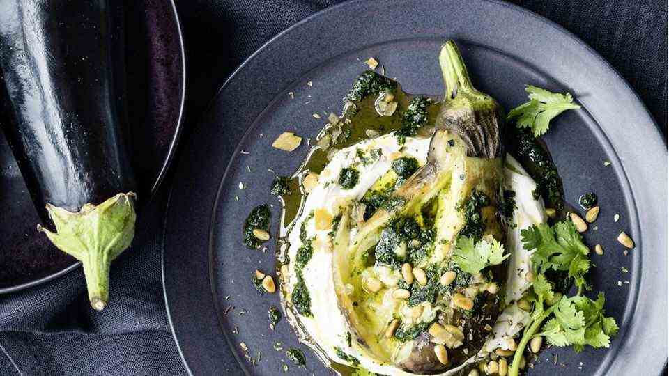 Burnt aubergine with labneh and coriander oil