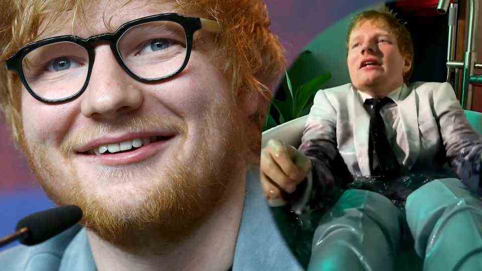 Montage: The singer Ed Sheeran smiles on the left at the camera, on the right he sits in an ice tub.